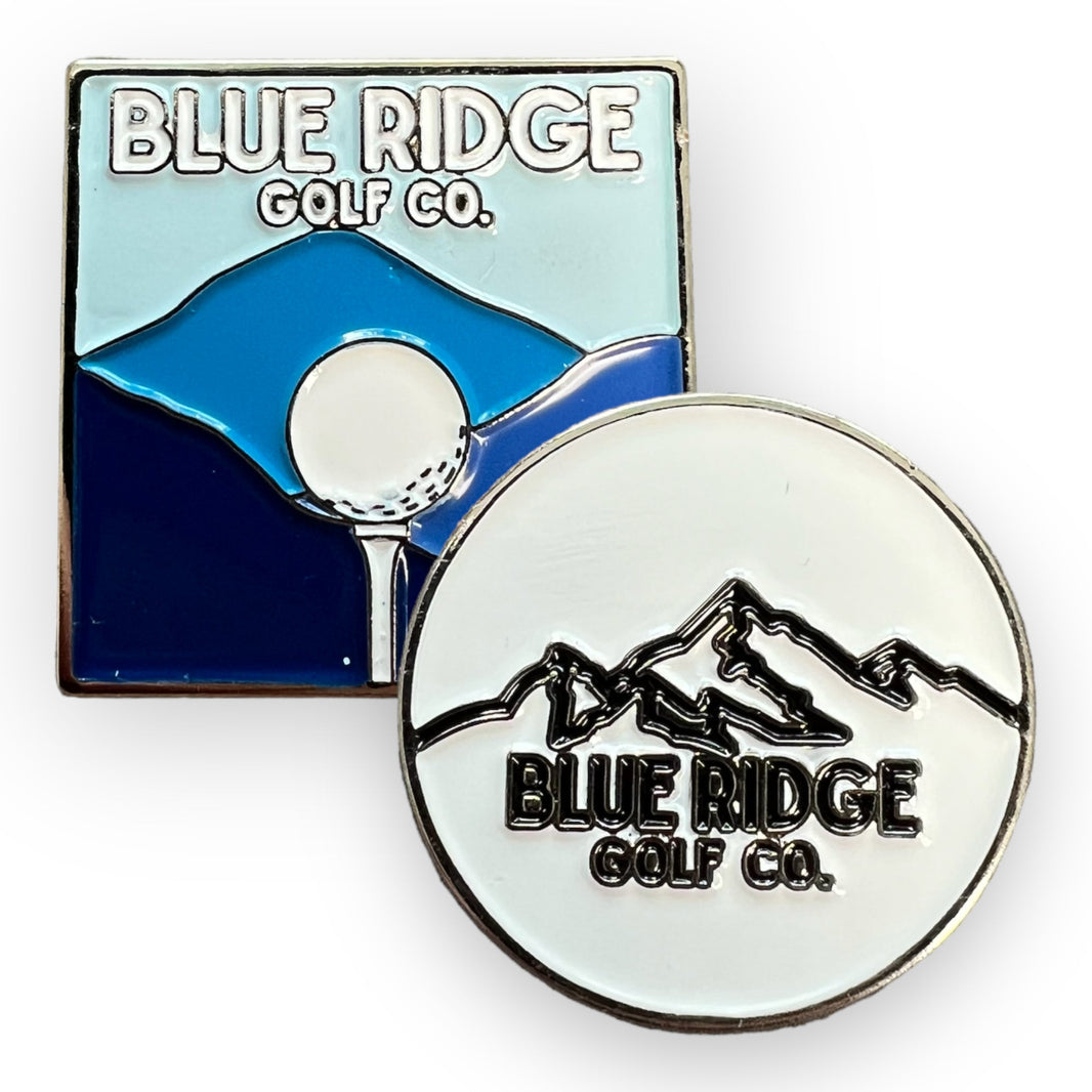 Metal Golf Ball Marker – Blue Ridge Mountains Background & Pure White with Black Logo