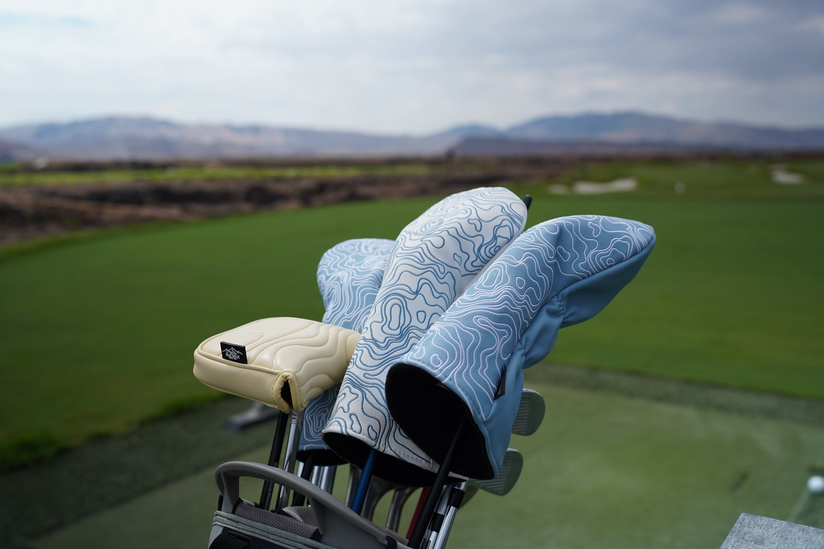 Golf club heads with covers on a golf cart against a golf course background