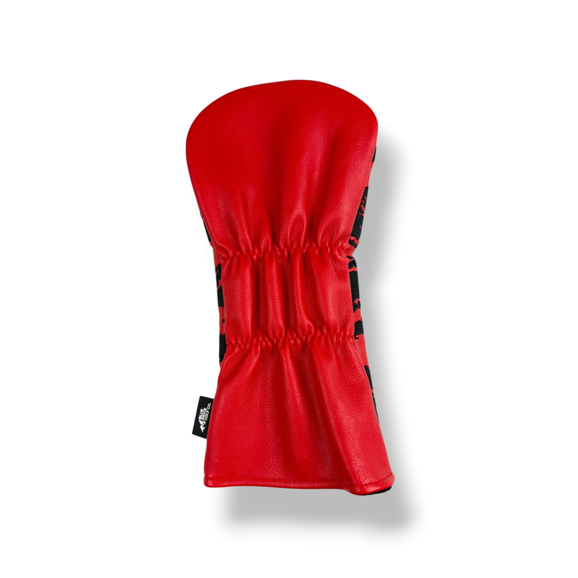 A bright red golf club headcover made of textured faux leather, shown from the back on a white background with a soft drop shadow.