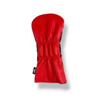 A bright red golf club headcover made of textured faux leather, shown from the back on a white background with a soft drop shadow.