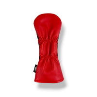 A bright red golf club headcover made of textured leather or faux leather, shown from the side against a clean white background with a soft drop shadow.