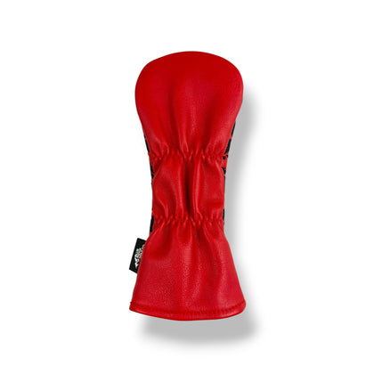 A bright red golf club headcover made of textured leather or faux leather, shown from the side against a clean white background with a soft drop shadow.