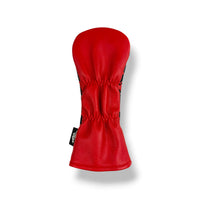 A bright red golf club headcover made of textured leather or faux leather, shown from the side against a clean white background with a soft drop shadow.