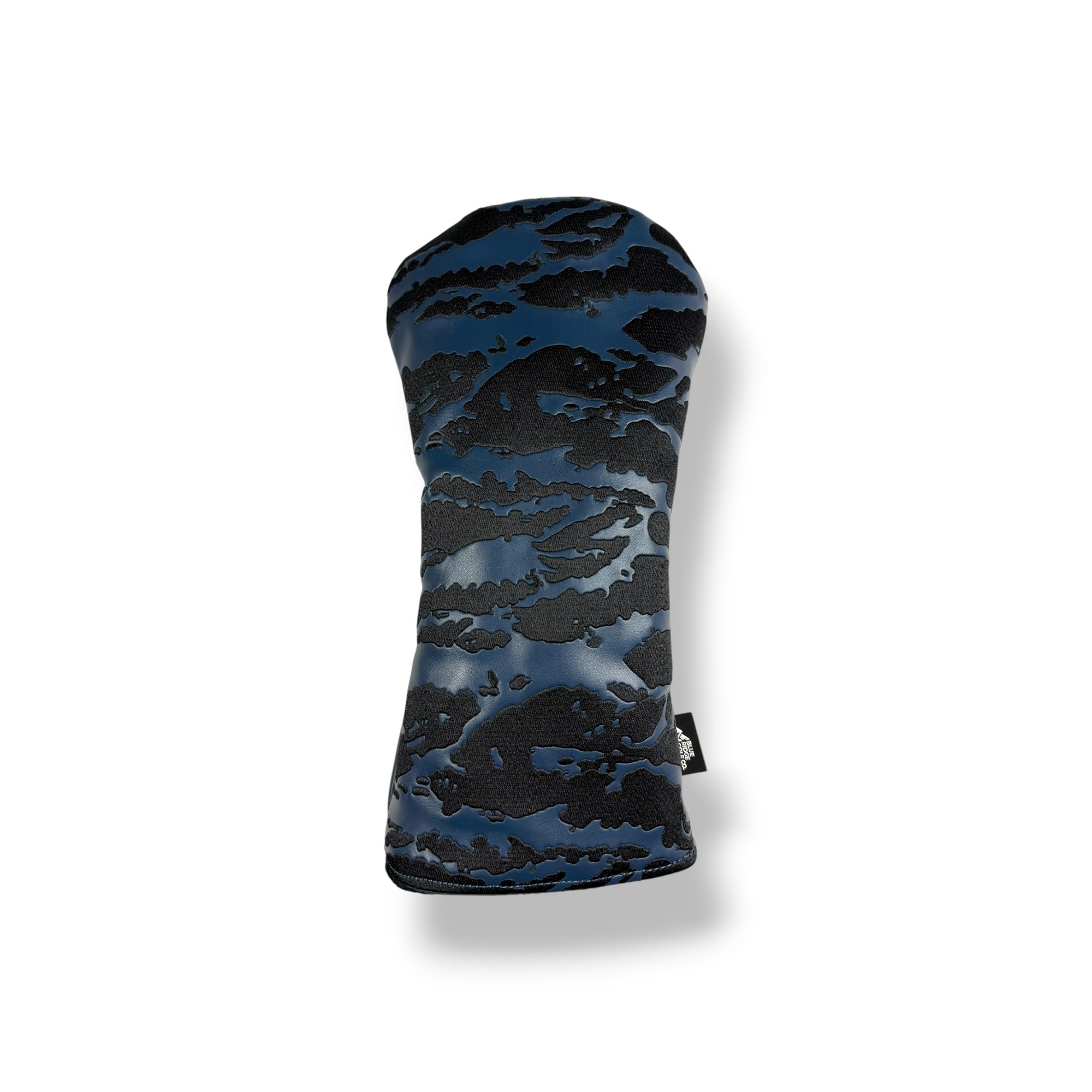 A golf club headcover featuring a dark blue and black cloud-like camouflage pattern, shown on a clean white background with a soft drop shadow.