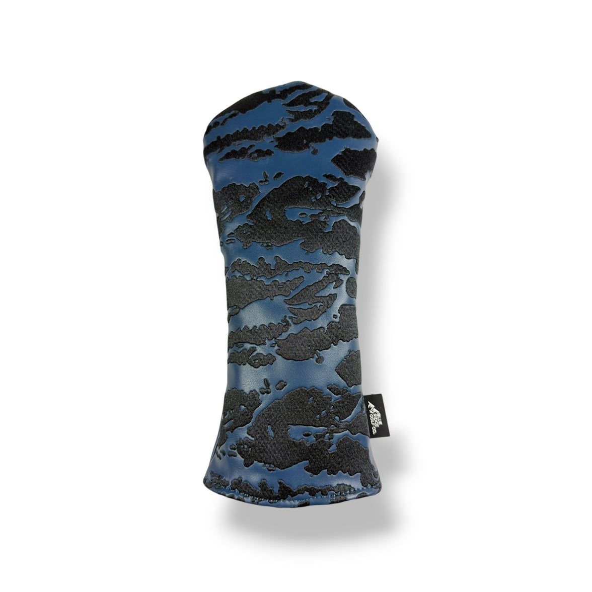 A golf club headcover with a blue and black cloud-like camouflage pattern, shown on a clean white background with a soft drop shadow.