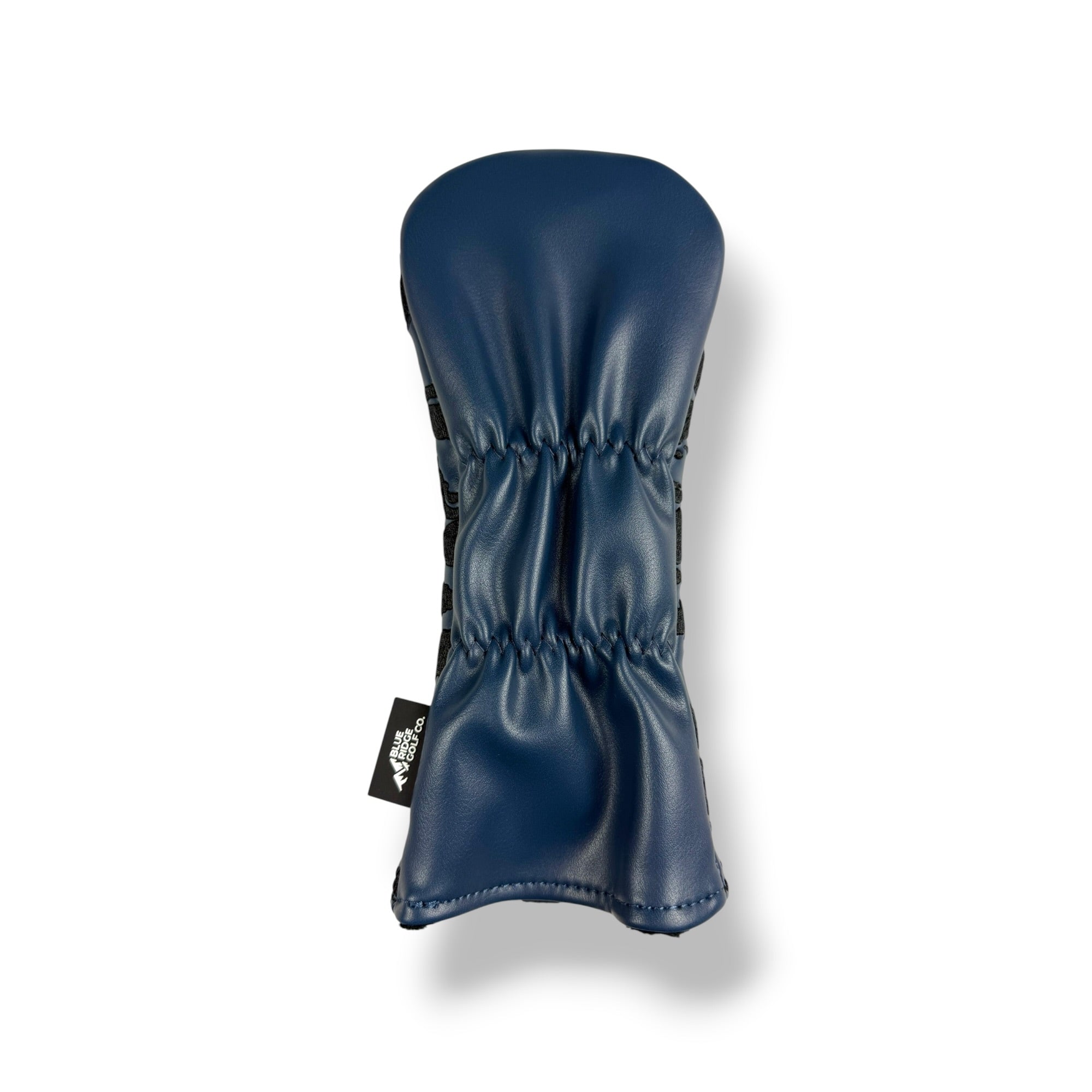A navy blue leather golf club headcover with a stitched texture and a small black brand tag on the side, shown against a plain white background.