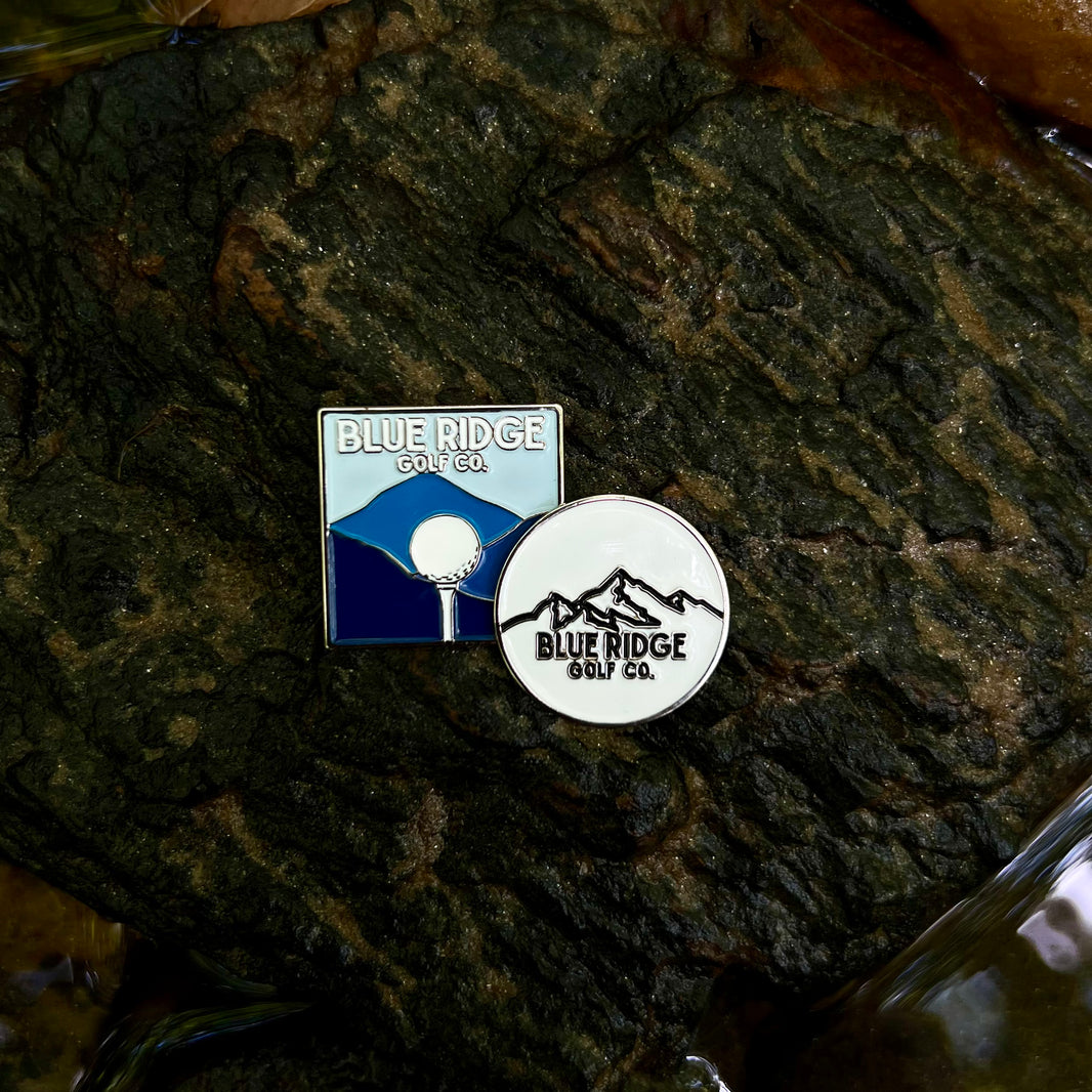 Metal Golf Ball Marker – Blue Ridge Mountains Background & Pure White with Black Logo in Nature