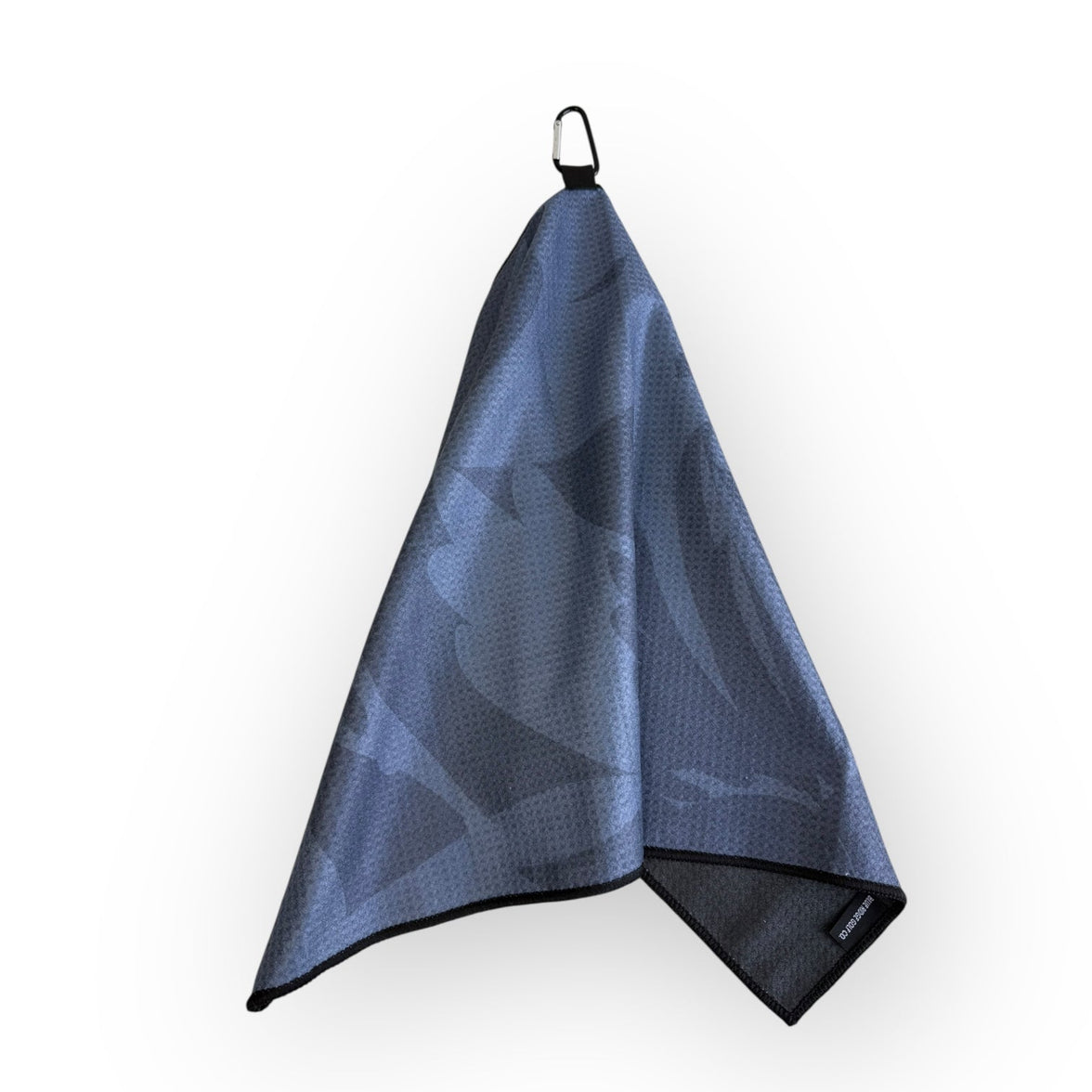 Grey golf towel with black border and carabiner clip on a white background