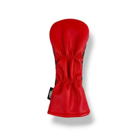 A bright red golf club headcover made of textured leather or faux leather, shown from the side against a clean white background with a soft drop shadow.