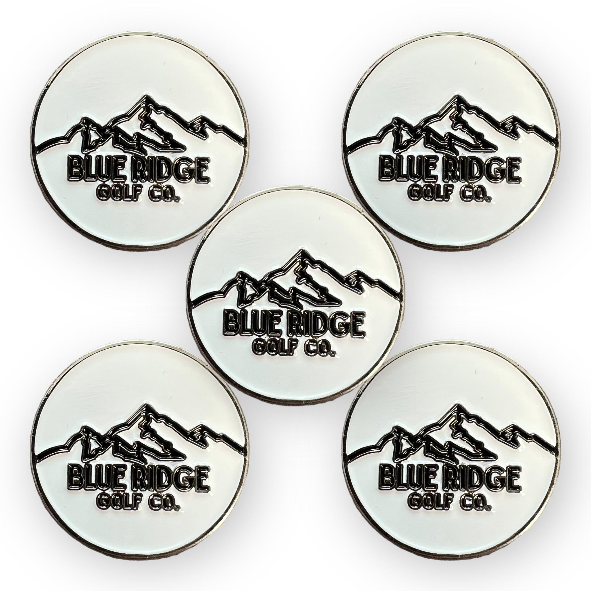 Metal Golf Ball Marker – Pure White with Black Logo Set of 5