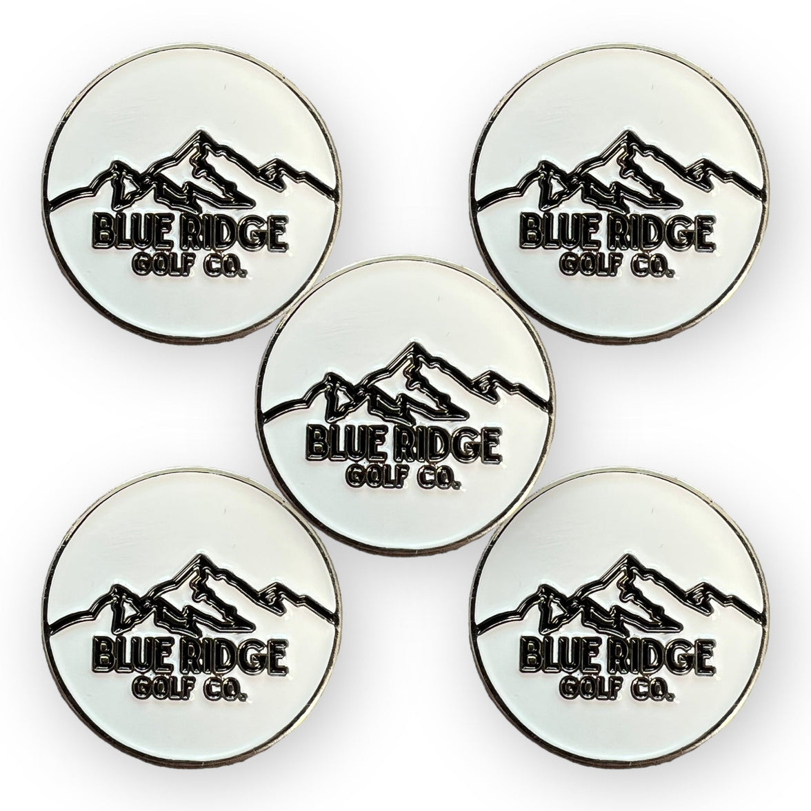Metal Golf Ball Marker – Pure White with Black Logo Set of 5