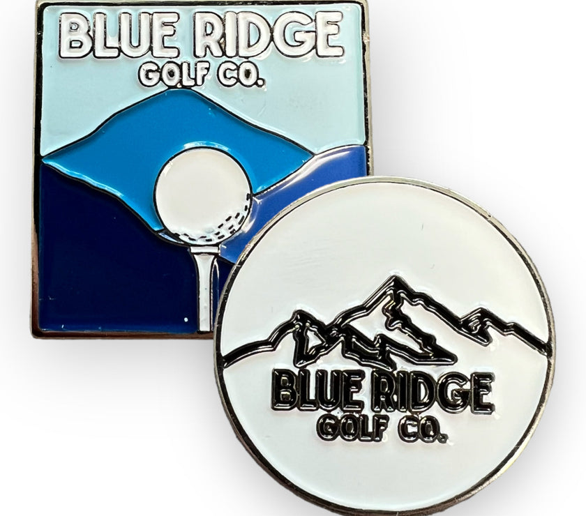 Metal Golf Ball Marker – Blue Ridge Mountains Background & Pure White with Black Logo 